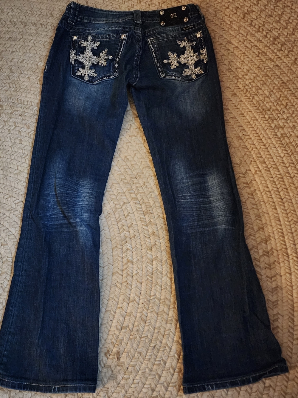 Vintage Big Miss Me Dark Blue Embellished Wide Leg Jeans Metal Hardware 29 X 34